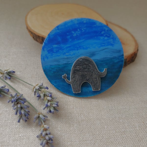 Elephant in landscape recycled brooch