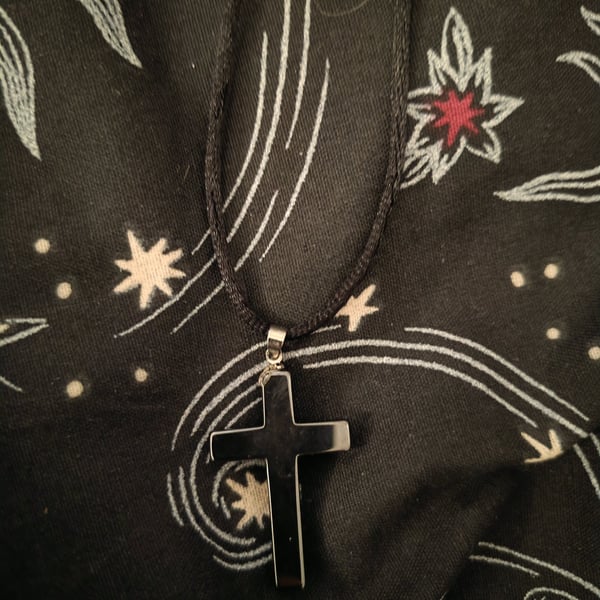 Polished hematite cross pendant necklace - metallic crystal protection charm