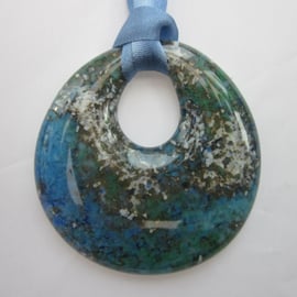 Handmade cast glass round pendant - Ocean marble  