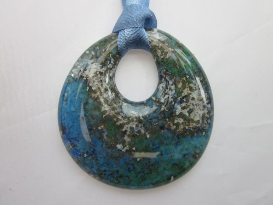 Handmade cast glass round pendant - Ocean marble  