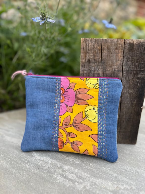 Embroidered Roundelay cotton and denim patchwork pouch one of a kind