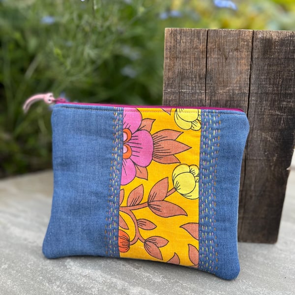 Embroidered Roundelay cotton and denim patchwork pouch one of a kind