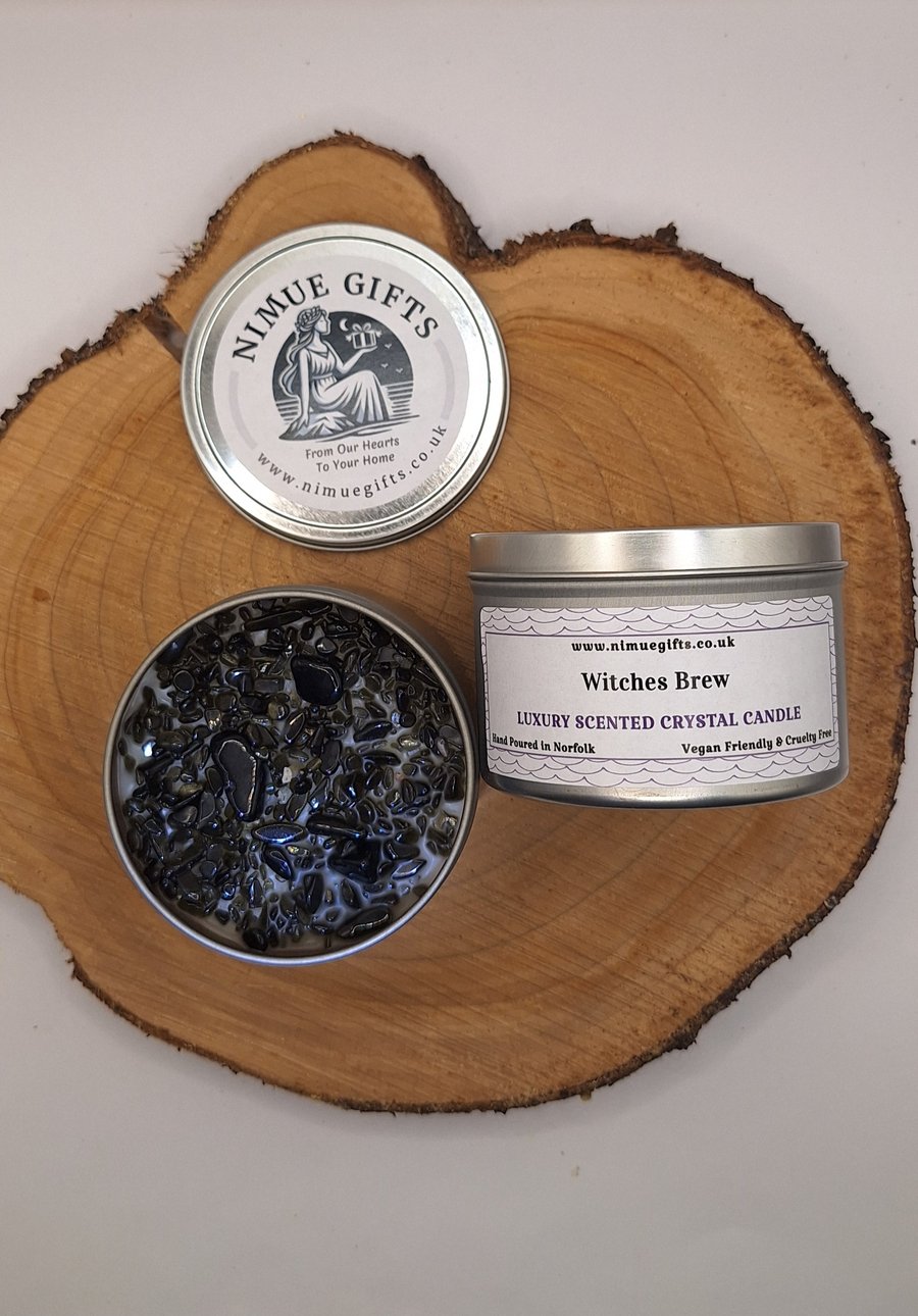 Witches Brew Scented Crystal Candle Topped with Obsidian
