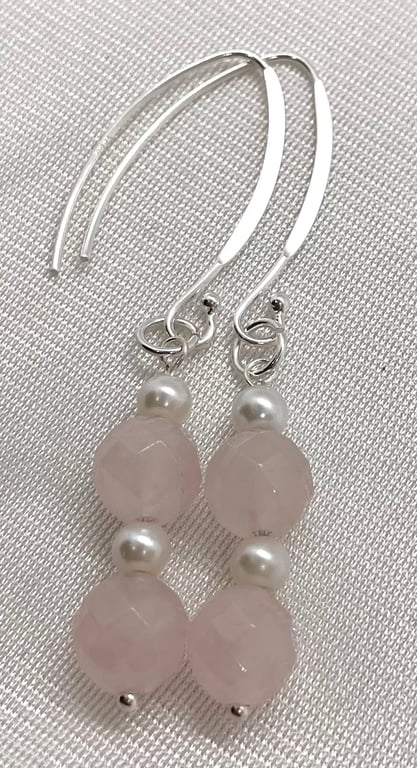 Rose Quartz and Pearl Dangle Semi-precious Earrings 