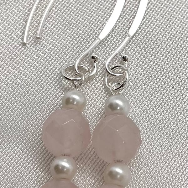 Rose Quartz and Pearl Dangle Semi-precious Earrings 