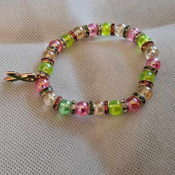 "Growth & Compassion" Pink & Green Beaded Bracelet with Green Ribbon Charm 