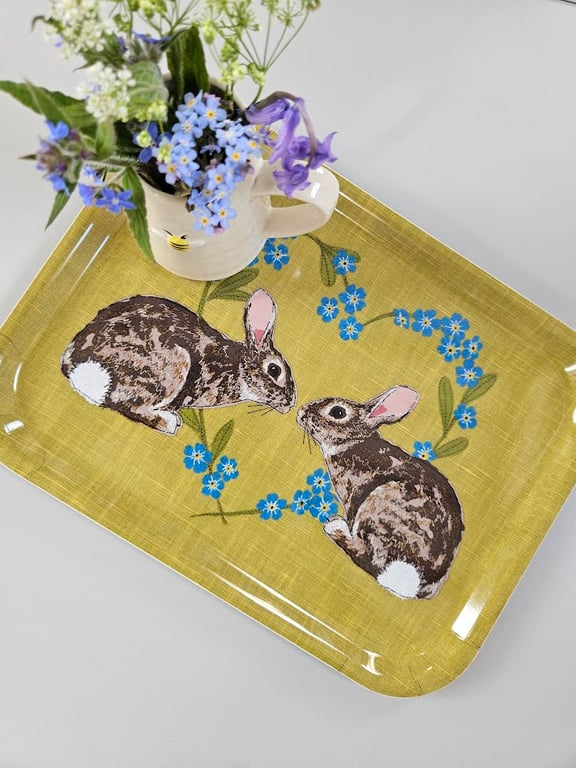 Rabbits Heart Tray Gift, Forget Me Not Floral Melamine Tray, Animal Lover 