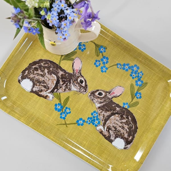 Rabbits Heart Tray Gift, Forget Me Not Floral Melamine Tray, Animal Lover 