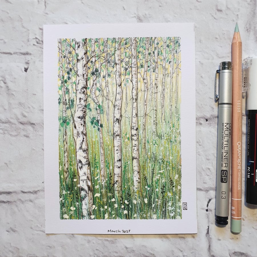 Birch Woodland original artwork, small landscape drawing
