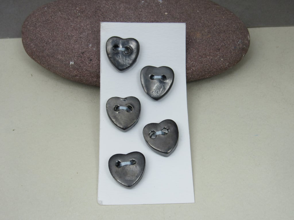 5 Small Heart Shaped Metallic Pewter Handmade Ceramic Buttons
