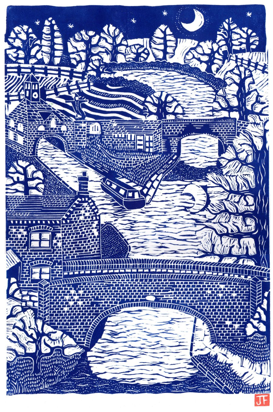 Linocut print, View Over Apple Pie Lane Bridge, Nuneaton, by John Freeman