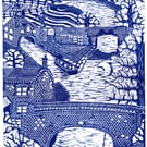 View Over Apple Pie Lane Bridge, Nuneaton, linocut print