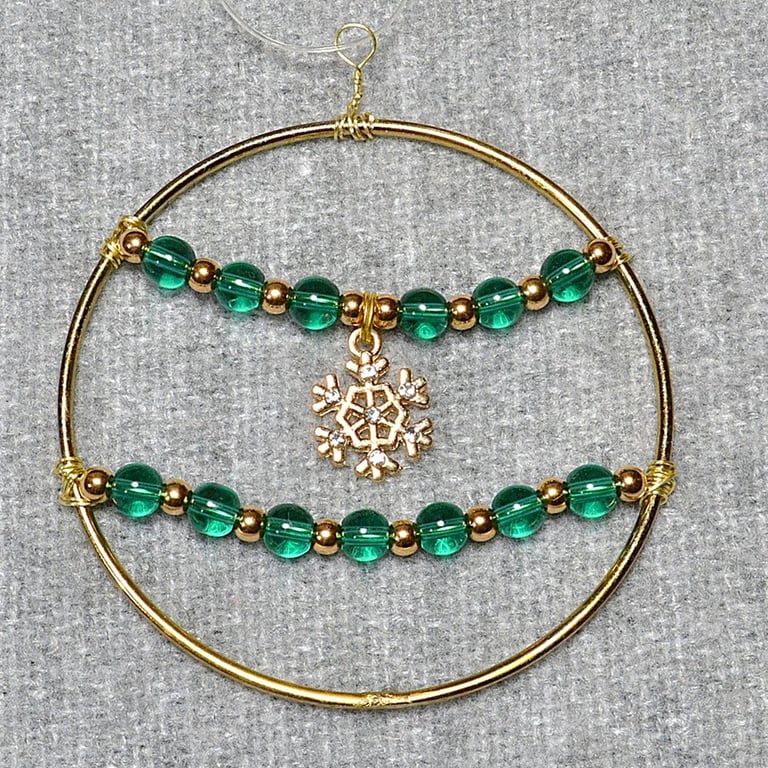 Upcycled Bangle Christmas Decoration – Green and Gold with Snowflake