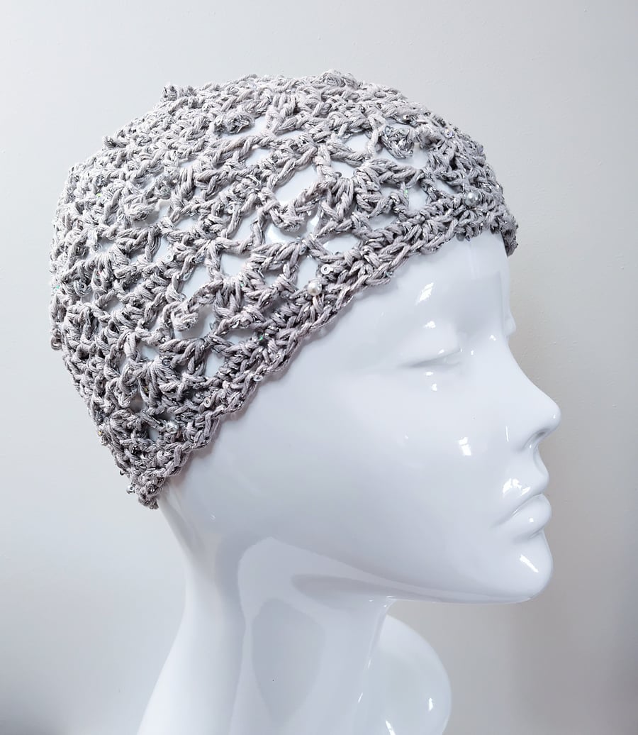 Crochet Silver Glitter Skull Cap with Sequins and Beads