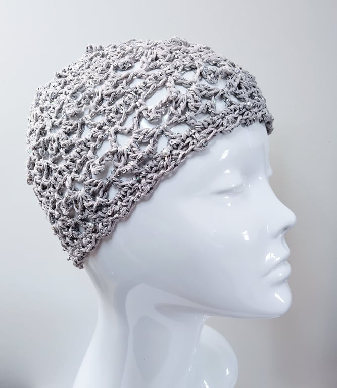 Crochet Silver Glitter Skull Cap with Sequins and Beads
