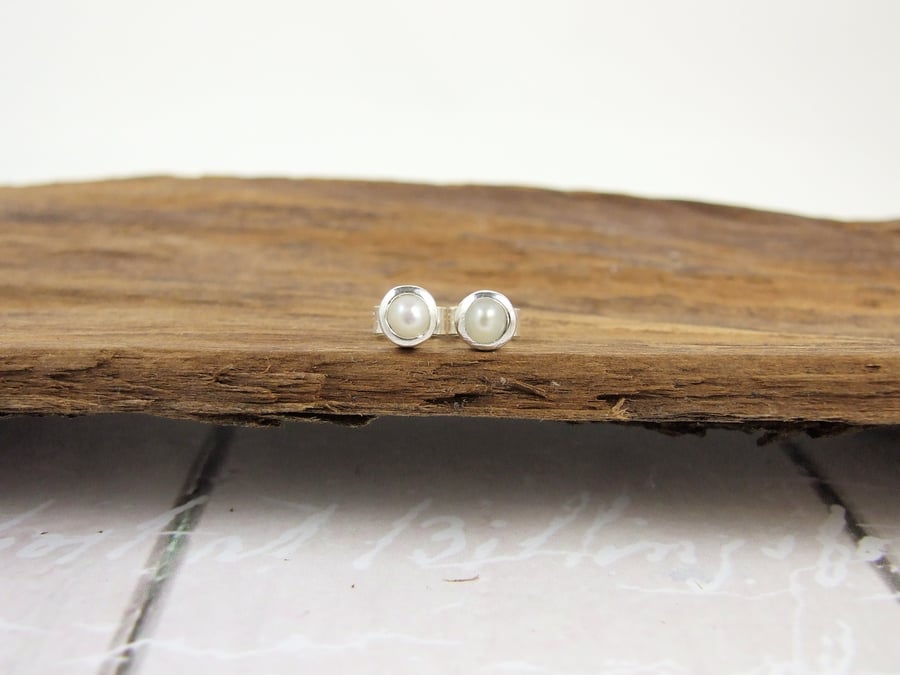 Pearl Gemstone and Sterling Silver Tiny Stud Earrings 