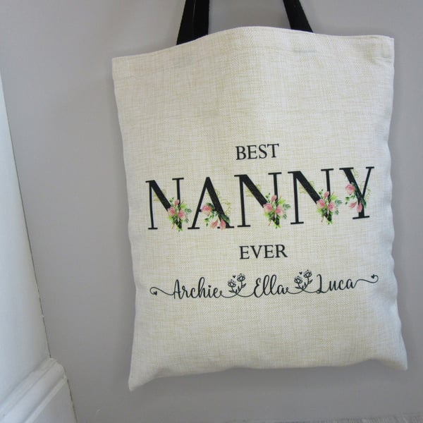 Personalised Best Nanny Ever Linen Tote Bag, Shopping Bag, Premium High Quality 