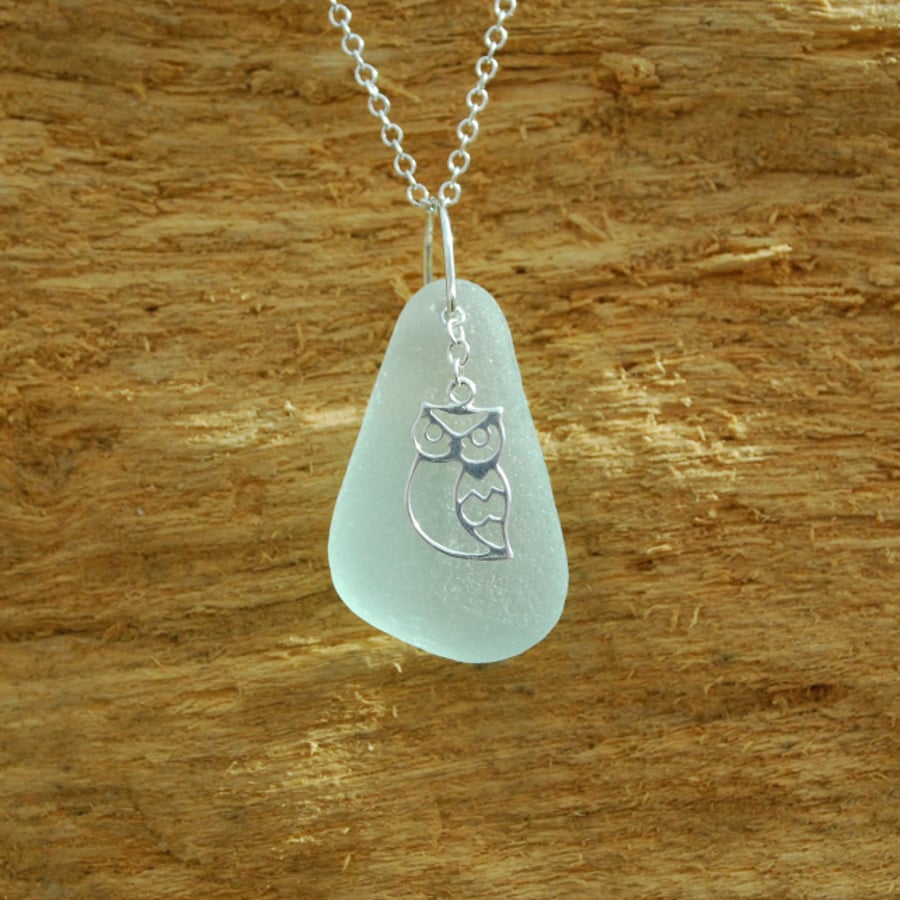 Aquamarine sea glass pendant with owl