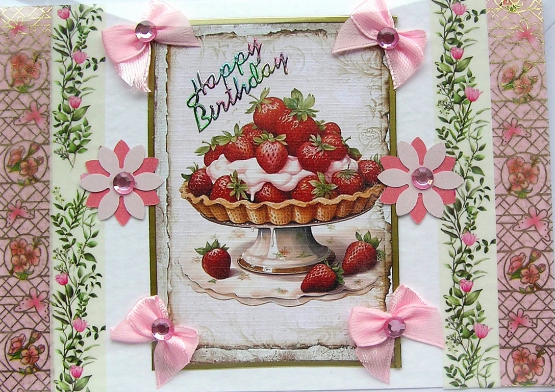 Strawberry Cream Cake - Hand Crafted Decoupage Card - Happy Birthday (3144)