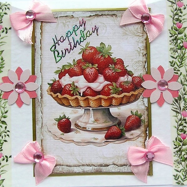 Strawberry Cream Cake - Hand Crafted Decoupage Card - Happy Birthday (3144)