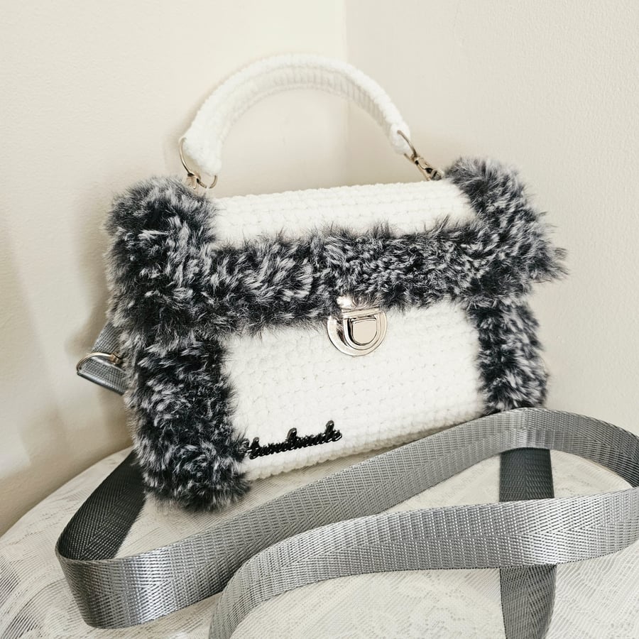 Image of Handmade Black & White Fluffy Handbag with Shoulder Strap - Snow Leopard