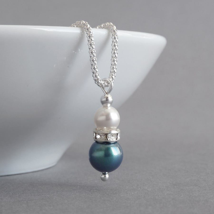 Dark Green Pearl Drop Pendant Necklace - Teal Bridesmaid Jewellery - Aquamarine
