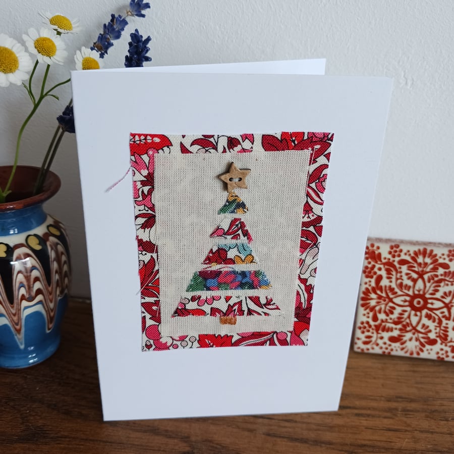Liberty Scrappy Christmas Tree hand stitched fabric card - CLEARANCE