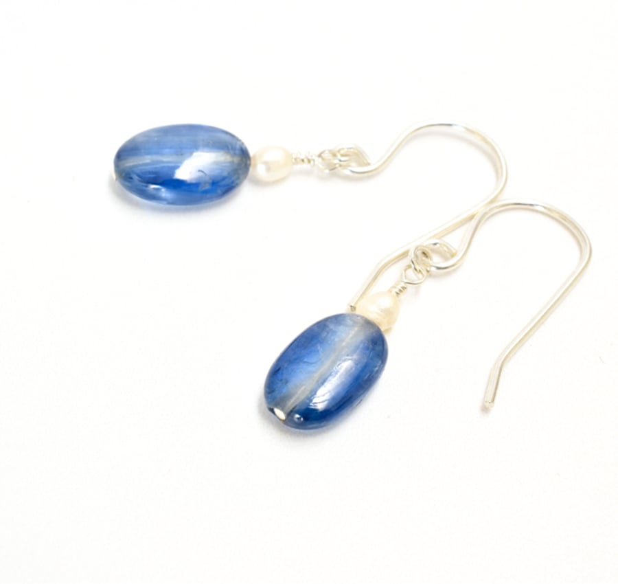 Cornflower blue Kyanite ovals with tiny white seed pearl earrings