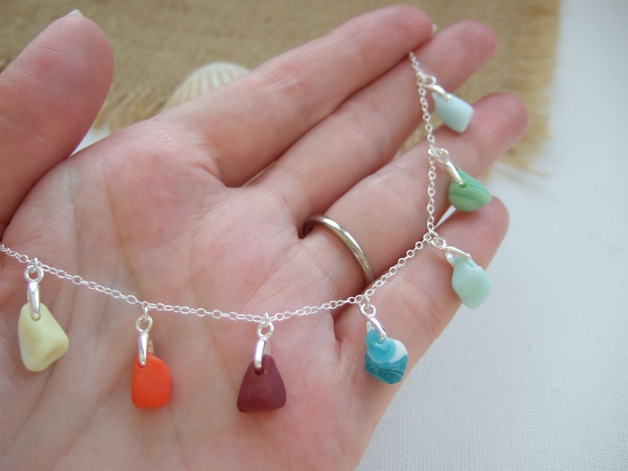 Seaham Milk Sea Glass Necklace, Sterling Silver 18" Rainbow Colours