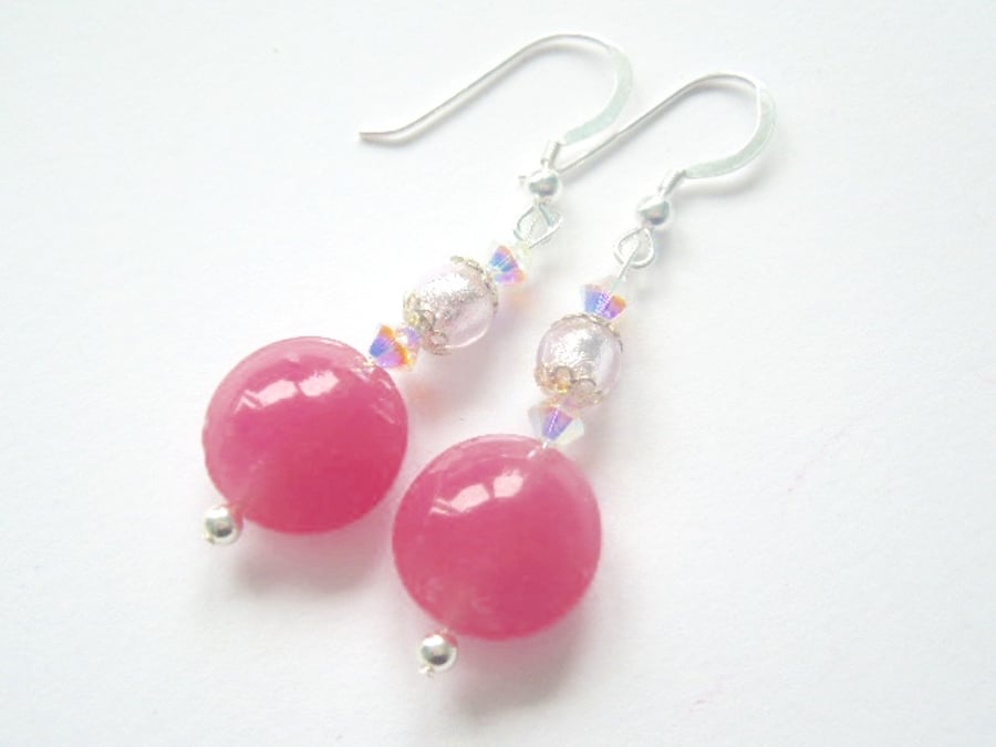 Murano glass pink and silverearrings with Swarovski crystal and steriing silver.