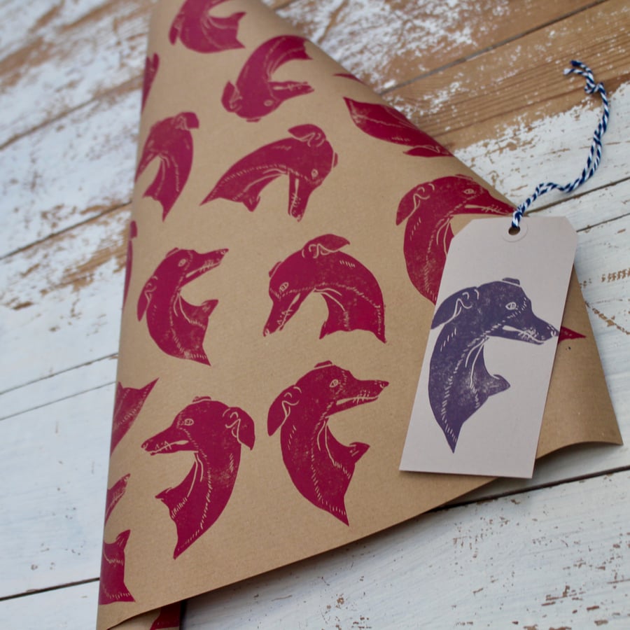 Hand Printed Whippet Gift Wrap and Gift Tag