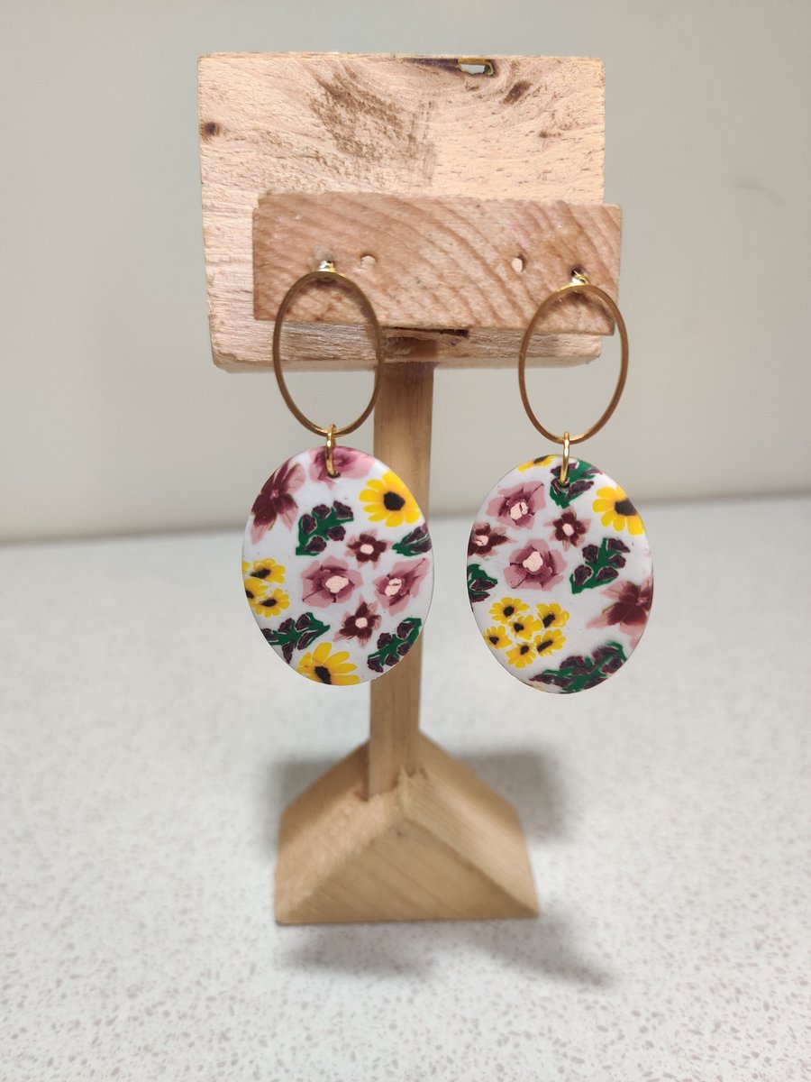 Sunflower floral oval dangle earrings 