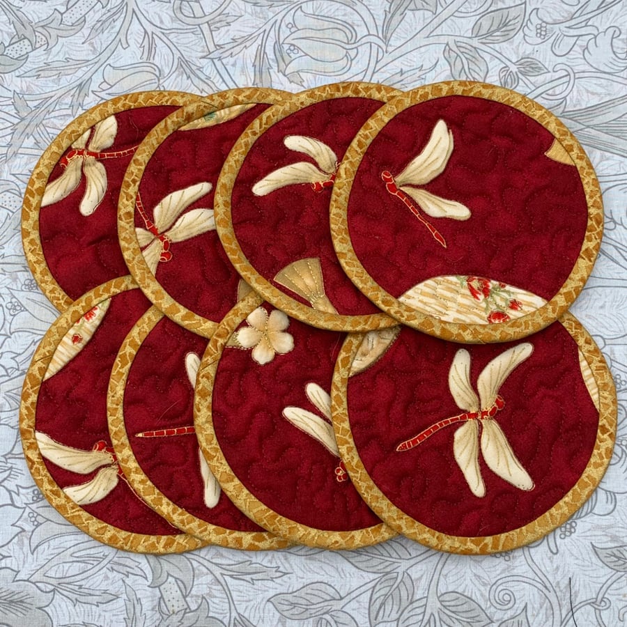 Japanese Fans & Dragonflies quilted fabric coasters