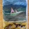 Dogs. Wet Felting greeting card. Dogs on the Beach. 5” by 7”. One card only. 