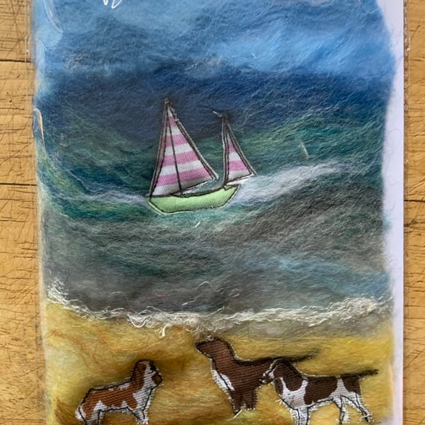 Dogs. Wet Felting greeting card. Dogs on the Beach. 5” by 7”. One card only. 