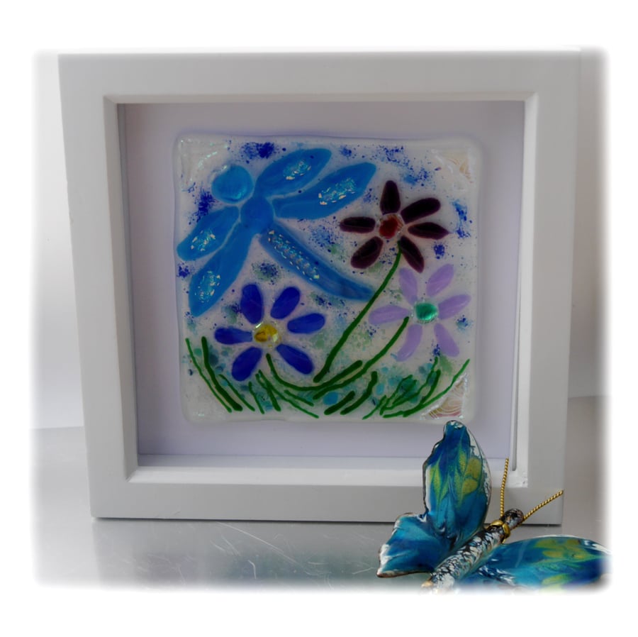 Fused Glass Dragonfly  Picture Box Framed 001