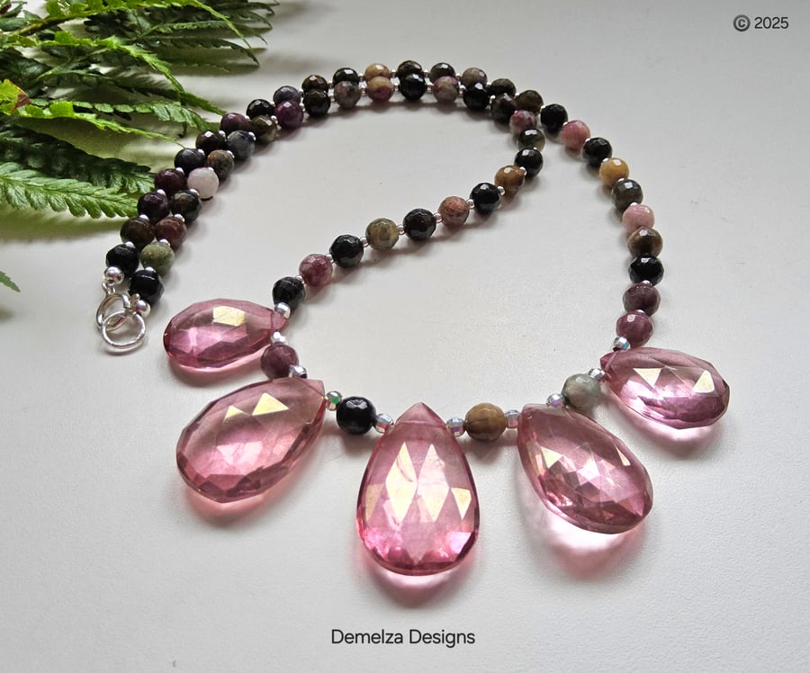 Tourmaline & Pink Faceted Quartz Sterling Silver Necklace