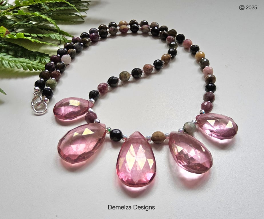 Tourmaline & Pink Faceted Quartz Sterling Silver Necklace
