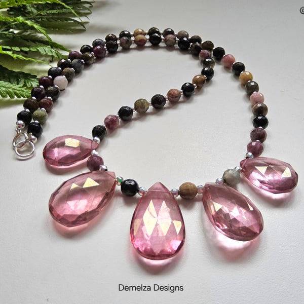 Tourmaline & Pink Faceted Quartz Sterling Silver Necklace