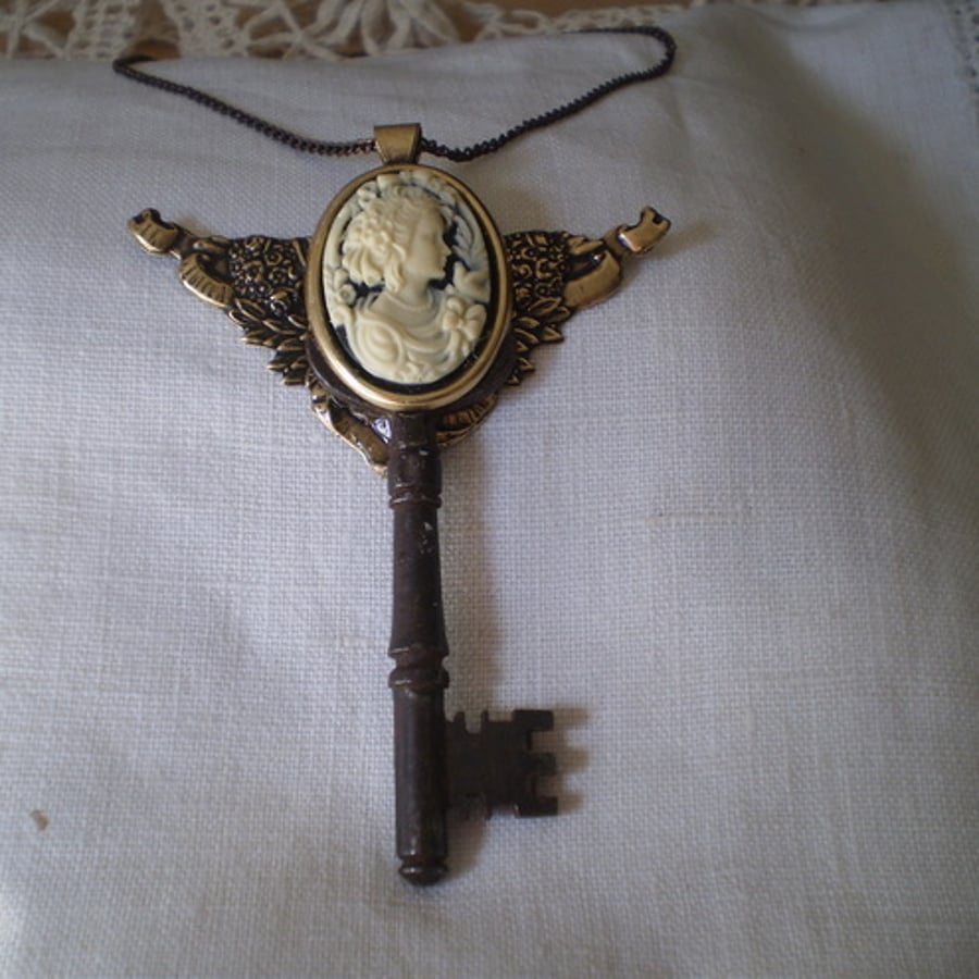 Steampunk Victorian Cameo Key Necklace.