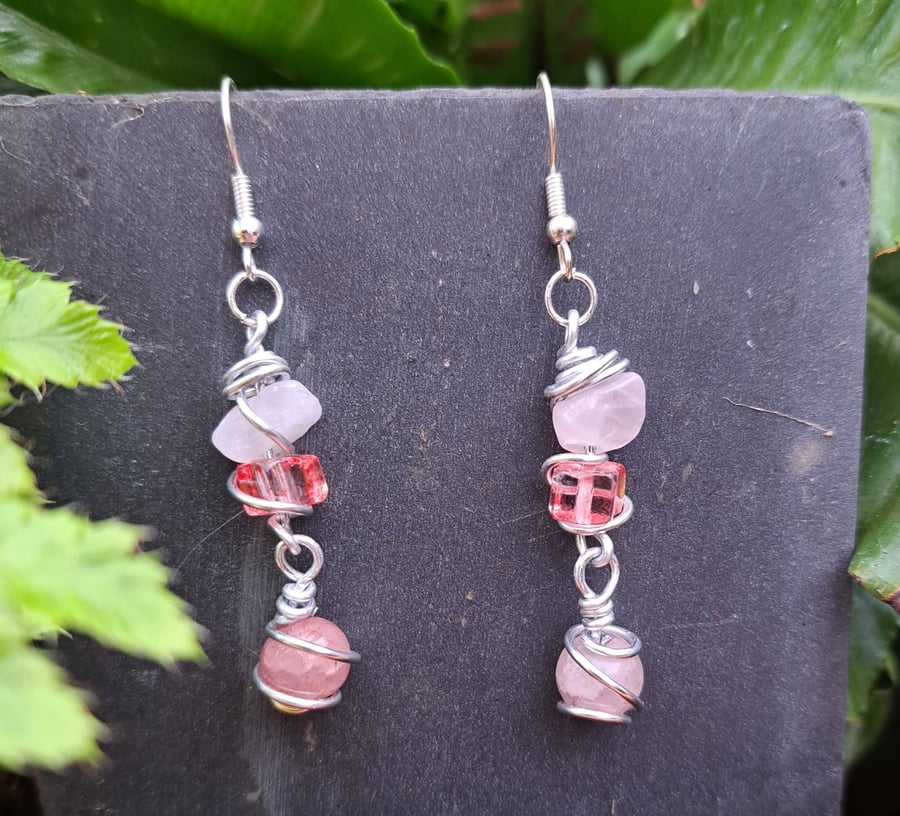 Rose and Cherry Quartz Dangle Earrings