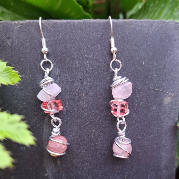 Rose and Cherry Quartz Dangle Earrings
