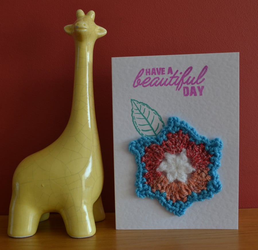Greeting card with blue edged crochet flower - No. 01
