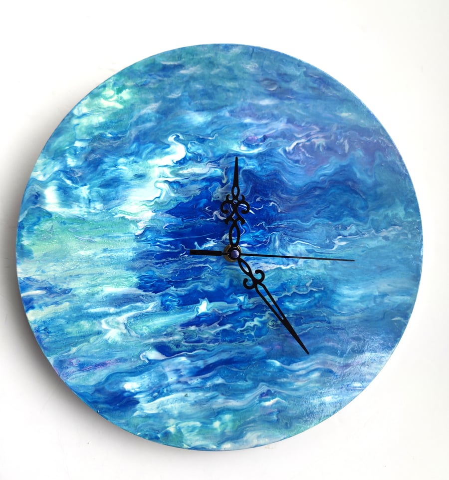 "Azure Sanctuary" Hand-Painted Fluid Art Wall Clock, Silent Home Decor Gift Idea
