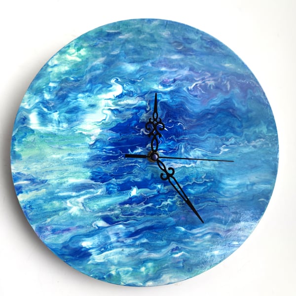 "Azure Sanctuary" Hand-Painted Fluid Art Wall Clock, Silent Home Decor Gift Idea