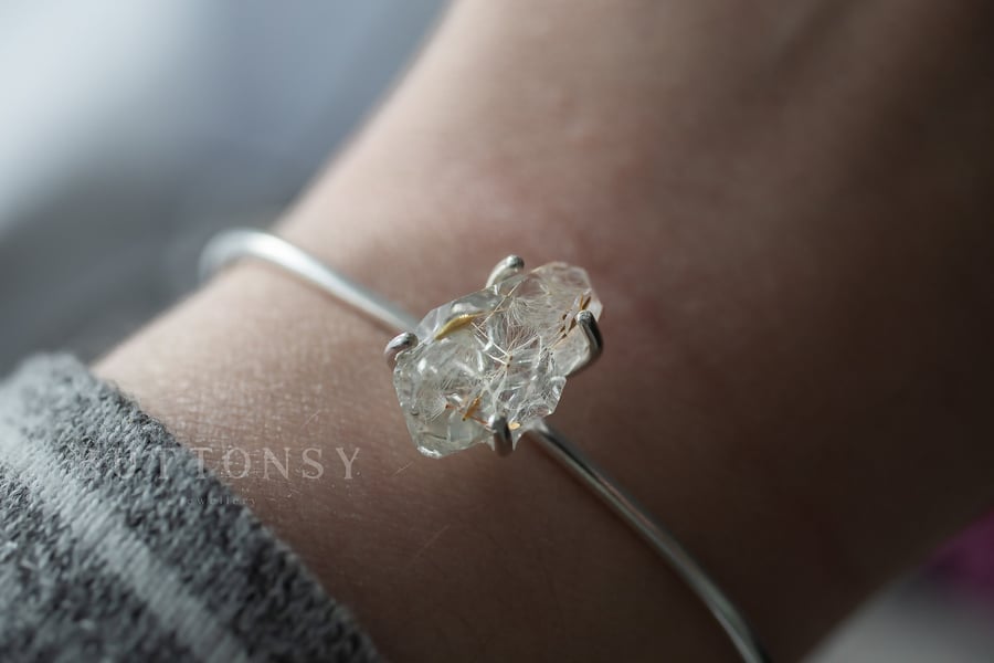 Sterling Silver Dandelion Herkimer Resin Diamond Bangle
