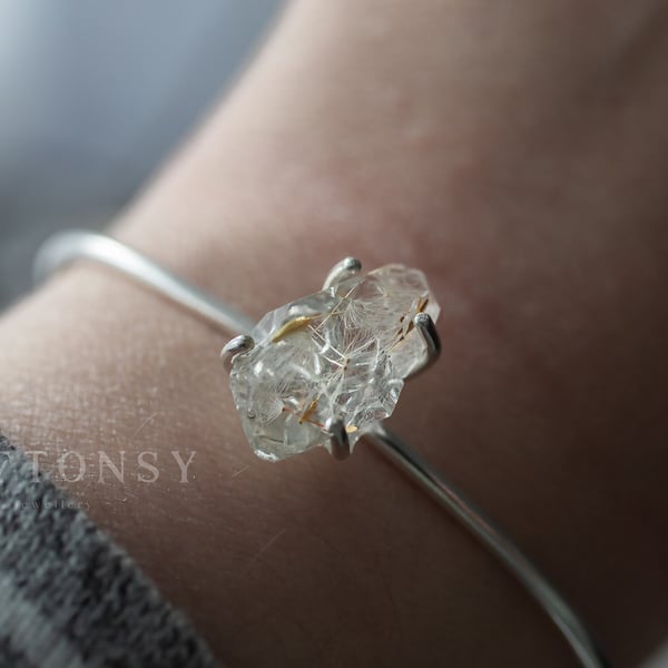 Sterling Silver Dandelion Herkimer Resin Diamond Bangle