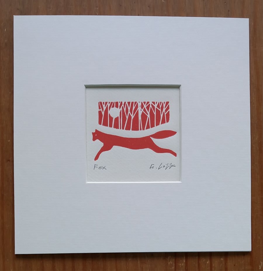 Red Fox, Mini Linocut, Original Lino Print by Giuliana Lazzerini