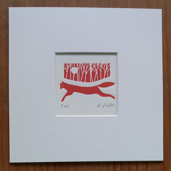 Red Fox, Mini Linocut, Original Lino Print by Giuliana Lazzerini