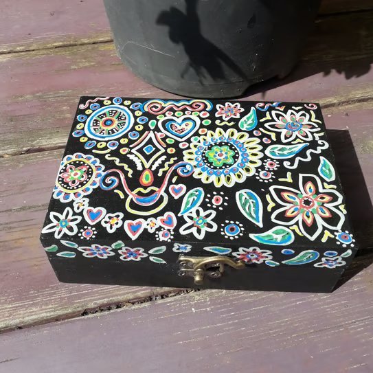 Wooden keepsake box with handrawn Folk Art Doodle.  